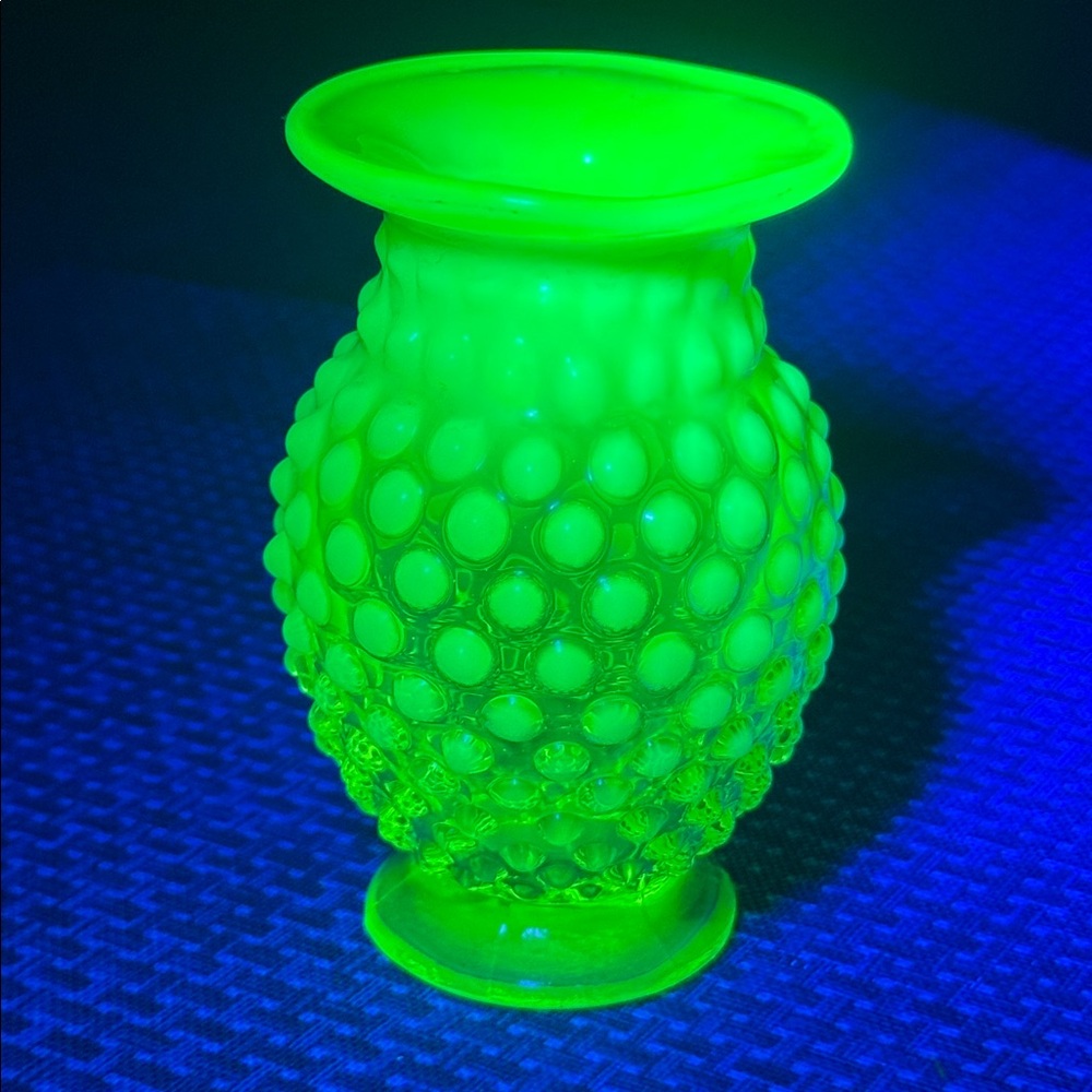 Sold
Fenton Topaz Opalescent Vaseline Glass Hobnail Miniature Vase 3.75” tall